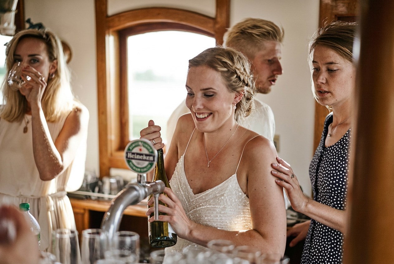 Bruid tapt een biertje aan de bar aan boord