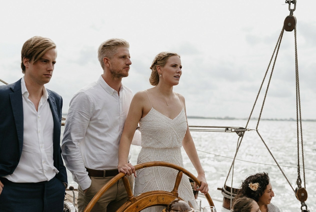 Bruid aan het roer met gasten naast haar op het open dek