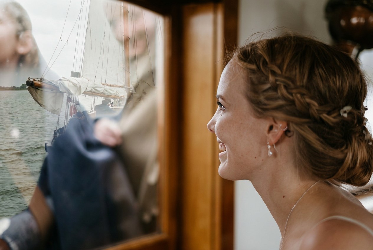 Portret van de bruid in profiel tijdens de ceremonie