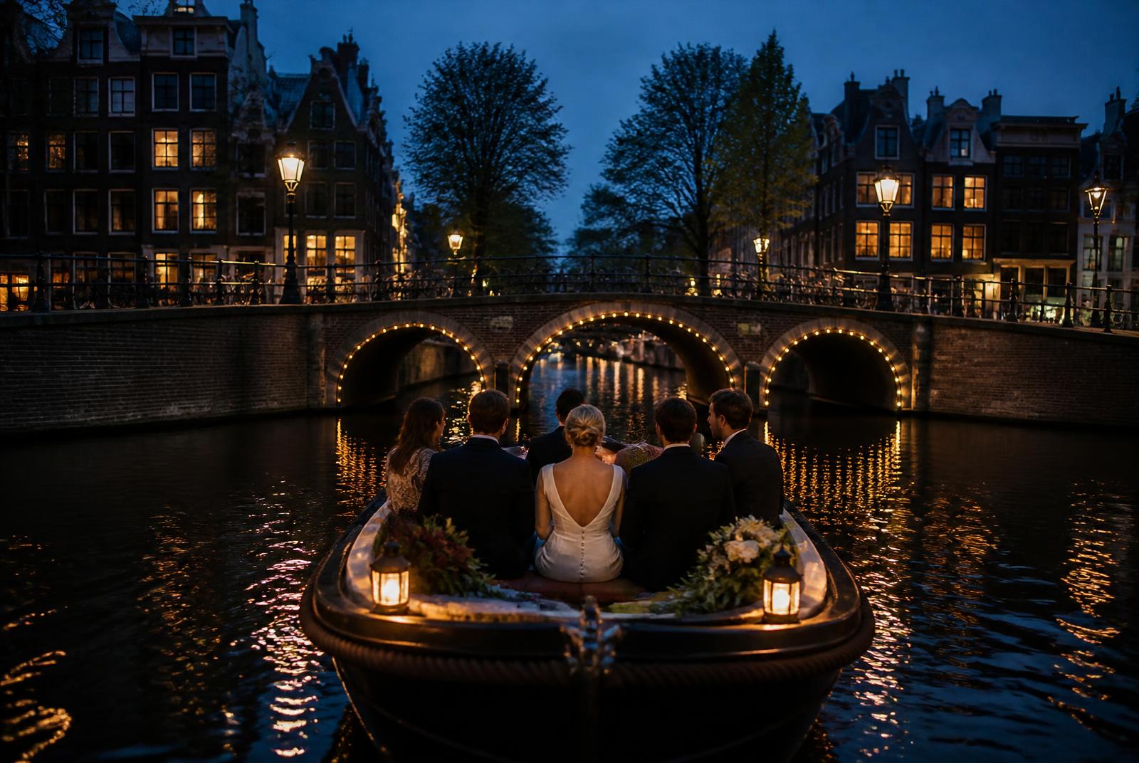Kleine open boot in een stille gracht bij avondlicht