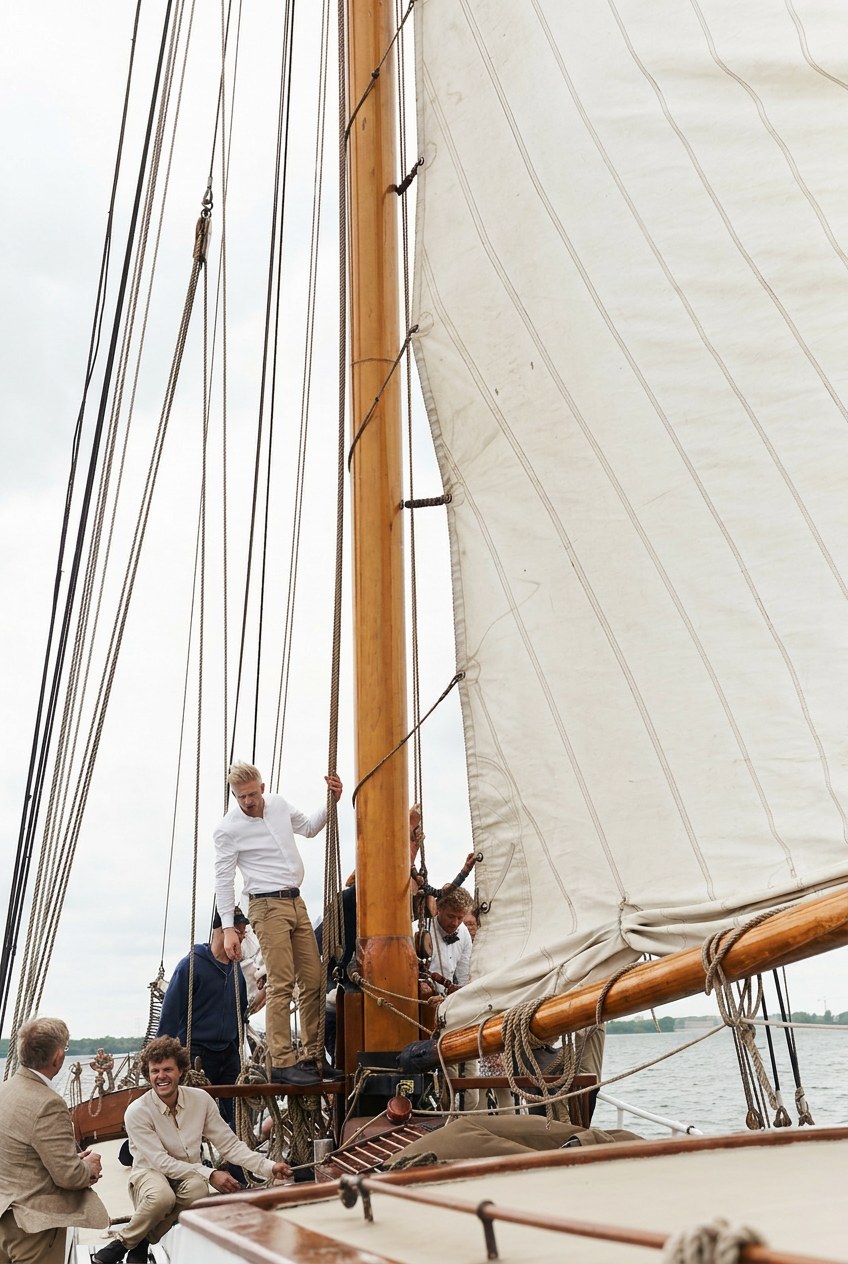 Historische Nederlandse historisch klassiek zijlschip met gestreken zeilen op ruim water
