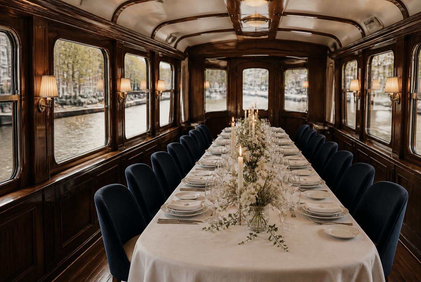 Lange linnen tafel gedekt in de salon van een salonboot
