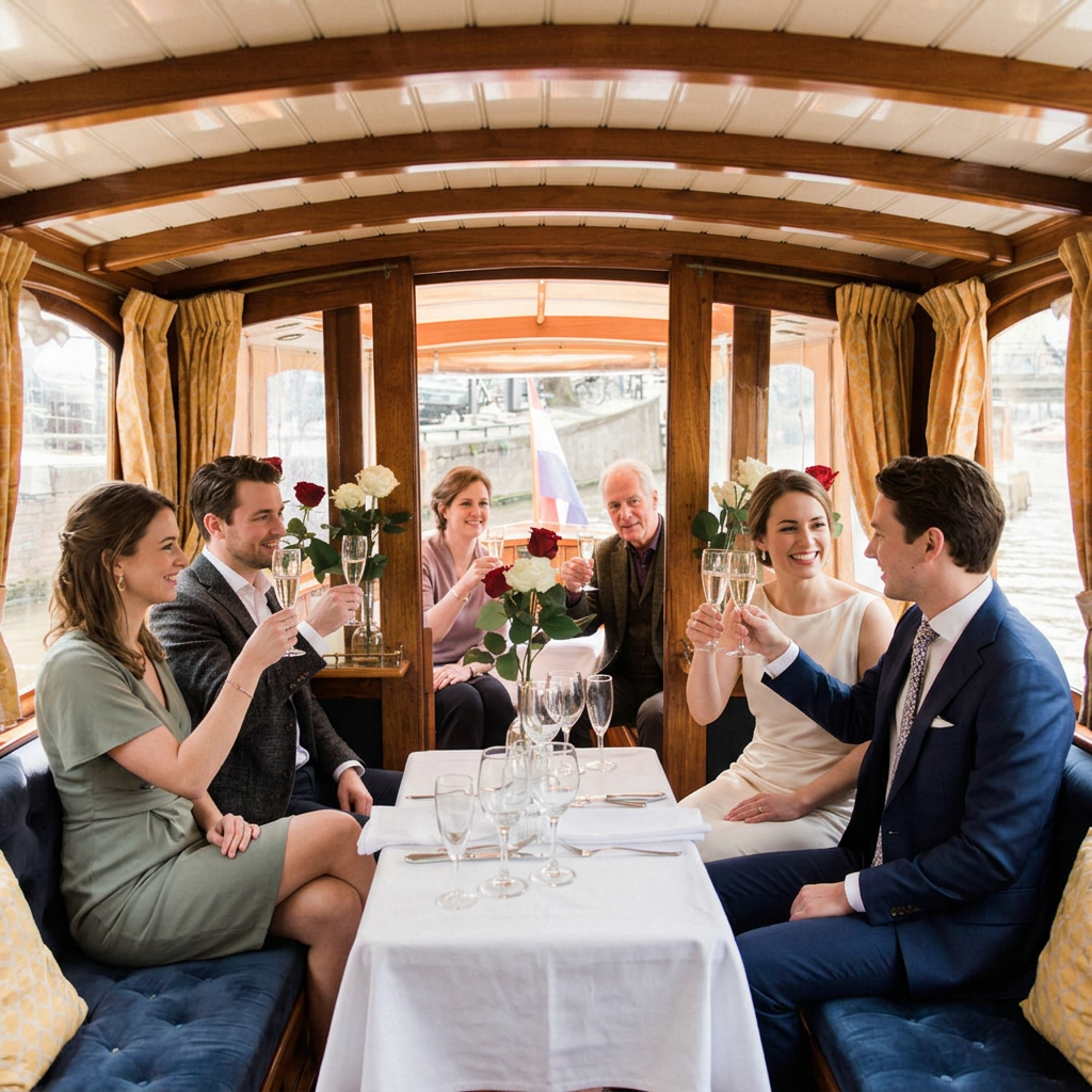 Bruidspaar en gasten proosten aan tafel in het salon van een klassieke grachtenboot
