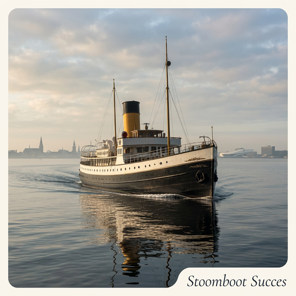 Historisch schip op het IJ met de Amsterdamse skyline op de achtergrond